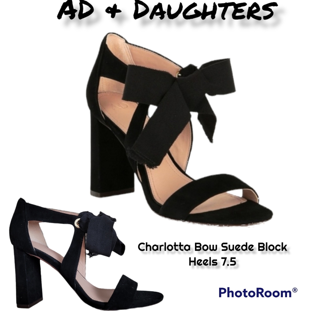 NWT AD & Daughters Black Charlotta Bow Suede Block Heels Strappy tie shoes 7.5